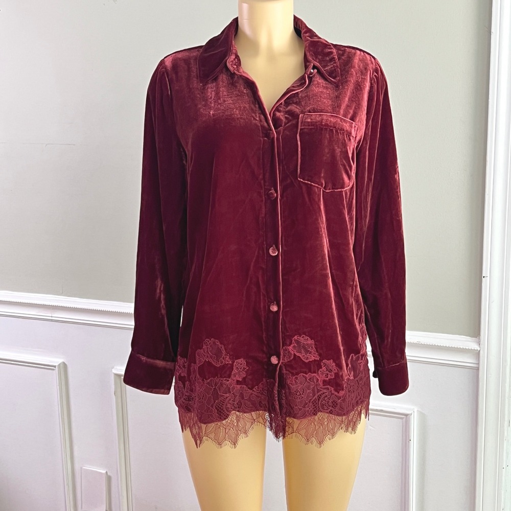 Soft Surroundings Velvet Top S Lace Trim Button Up Shirt Burgundy‎ Womens